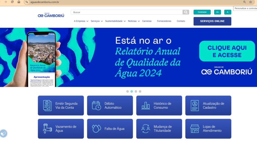Site da Águas de Camboriú traz informações e serviços importantes sobre a concessionária
