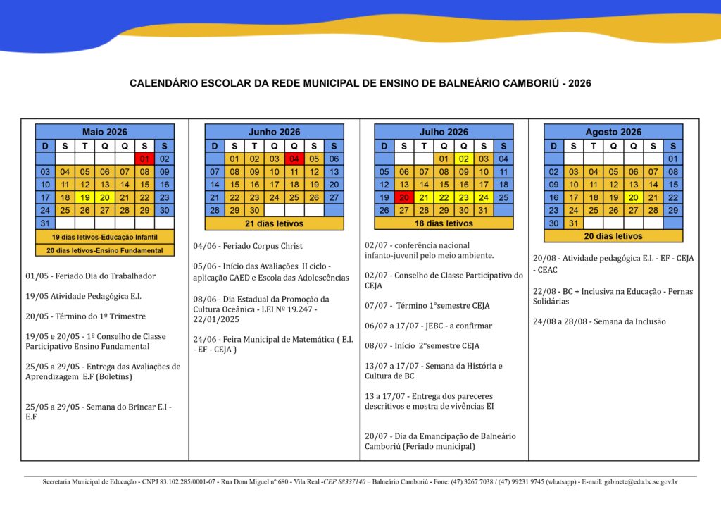 Rede Municipal de Ensino de Balneário Camboriú inicia recesso de inverno no dia 21 de julho