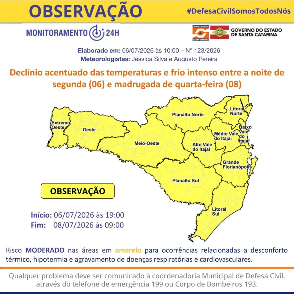 Defesa Civil de Balneário Camboriú alerta para queda brusca de temperatura e frio intenso a partir desta segunda-feira