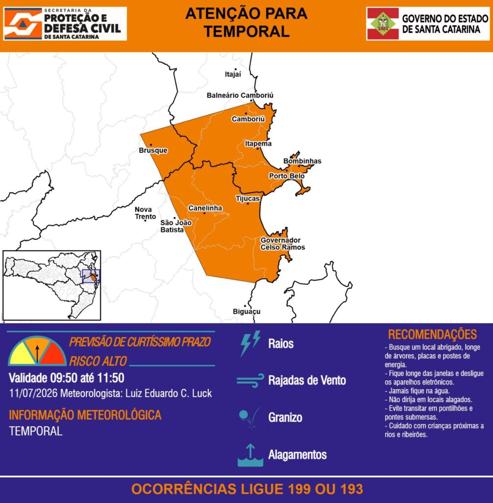 Defesa Civil alerta população de Balneário Camboriú sobre risco de temporais